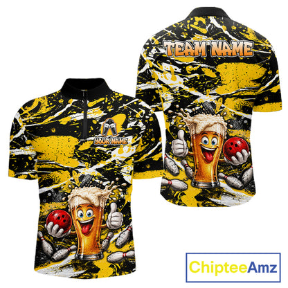 Yellow, White And Black Splatter Funny Beer Bowling Shirt For Men Custom Outfit Bowling Jersey NYN3235