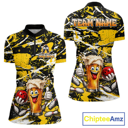 Yellow, White And Black Splatter Funny Beer Bowling Shirt For Women Custom Outfit Bowling Jersey NYN3235
