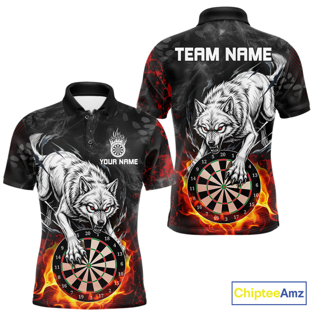 Fire Flame Funny Wolf Darts Polo & 1/4 Zip For Men Personalized Grunge Dart Team Shirts | Red NYN3236