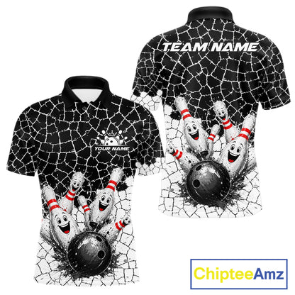 White And Black Cracked Funny Pins & Ball Bowling Shirt For Men Custom Outfit Team Bowling Jersey NYN3238