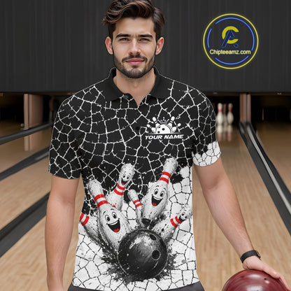 White And Black Cracked Funny Pins & Ball Bowling Shirt For Men Custom Outfit Team Bowling Jersey NYN3238