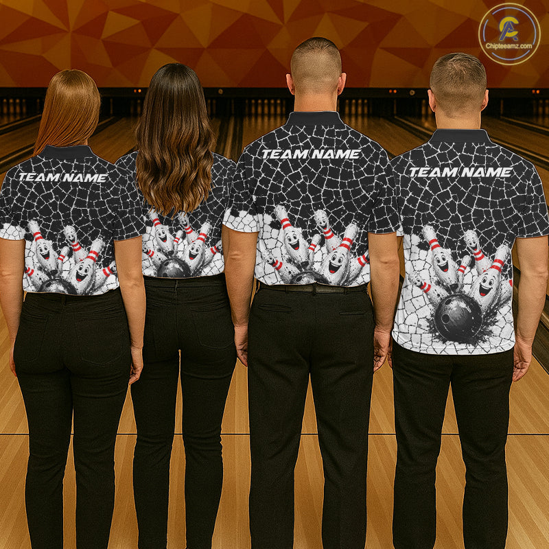 White And Black Cracked Funny Pins & Ball Bowling Shirt For Men Custom Outfit Team Bowling Jersey NYN3238