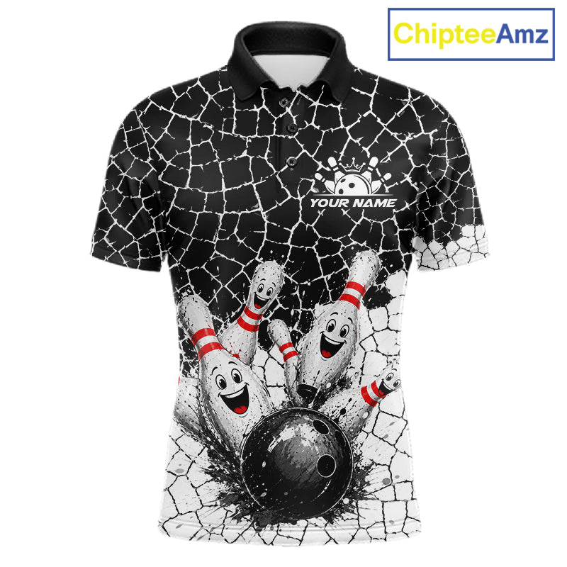 White And Black Cracked Funny Pins & Ball Bowling Shirt For Men Custom Outfit Team Bowling Jersey NYN3238