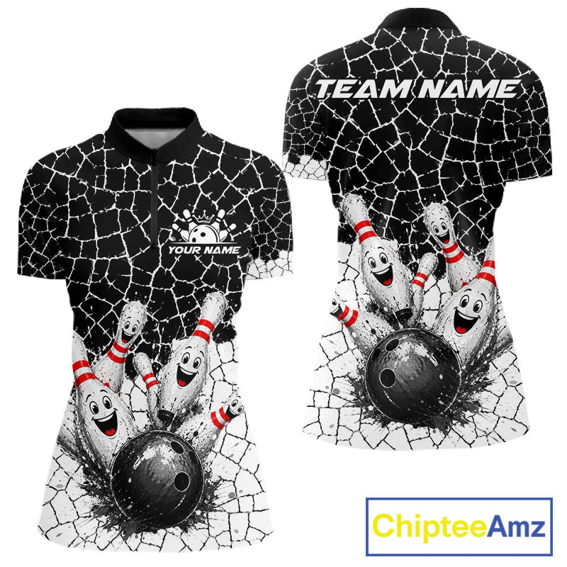 White And Black Cracked Funny Pins & Ball Bowling Shirt For Women Custom Outfit Team Bowling Jersey NYN3238