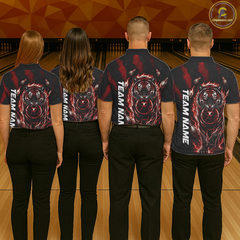Men women bowling team wearing Fire Flame Tiger Red Claws custom bowling uniforms, professional bowling jerseys