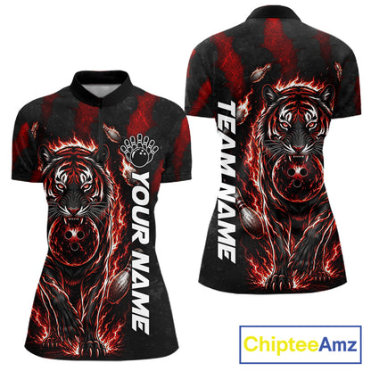 Fire Flame Tiger Red Claws women's quarter zip bowling shirt custom bowling team apparel, league jersey