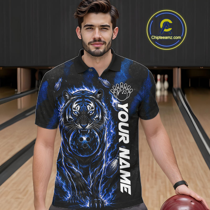 Fire Flame Tiger Blue Claws men's quarter zip bowling shirt custom team bowling uniform