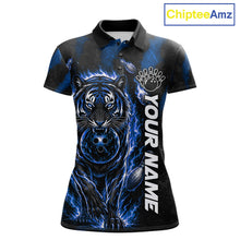 Load image into Gallery viewer, Fire Flame Tiger Blue Claws women's bowling polo shirt custom bowling team jersey, personalized bowling apparel
