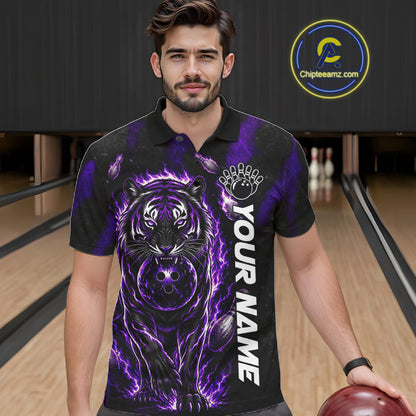 Male bowler wearing Fire Flame Tiger Purple Claws bowling shirt during tournament bowling competition