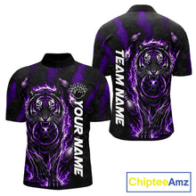 Load image into Gallery viewer, Fire Flame Tiger Purple Claws men's quarter zip bowling shirt custom bowling league apparel