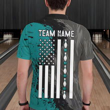 Load image into Gallery viewer, Male bowler wearing Black Grey Teal Grunge US Flag bowling jersey during league and championship bowling competition