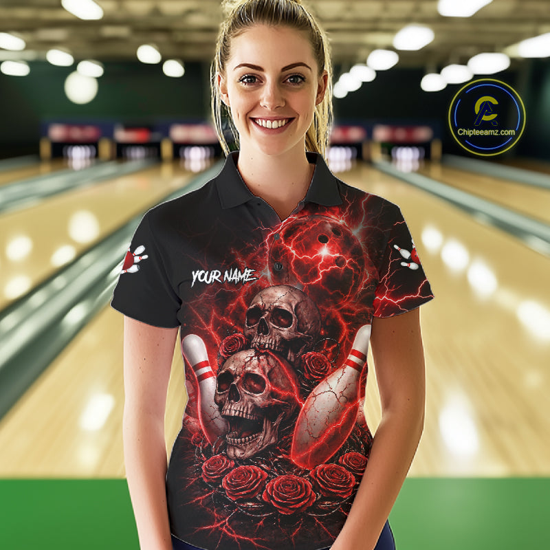 Red Strike Lightning Bowling Custom Team Shirts For Women, Skull Roses Outfit Bowling Team Jersey NYN3071