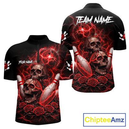 Red Strike Lightning Bowling Custom Team Shirts For Men, Skull Roses Outfit Bowling Team Jersey NYN3071