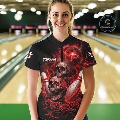 Red Strike Lightning Bowling Custom Team Shirts For Women, Skull Roses Outfit Bowling Team Jersey NYN3071