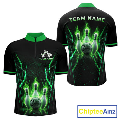 Custom Green Flaming Mens Bowling Jerseys Personalized Bowling Team Shirts For Bowlers NYN3075