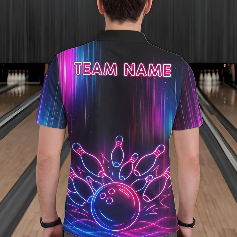 Pink And Blue Neon Lightning Bowling Polo & 1/4-Zip Shirt For Men Custom Team Bowling Jersey NYN3240