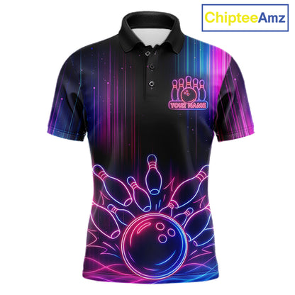 Pink And Blue Neon Lightning Bowling Polo & 1/4-Zip Shirt For Men Custom Team Bowling Jersey NYN3240