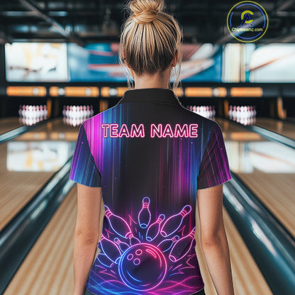 Pink And Blue Neon Lightning Bowling Polo & 1/4-Zip Shirt For Women Custom Team Bowling Jersey NYN3240