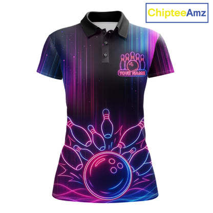 Pink And Blue Neon Lightning Bowling Polo & 1/4-Zip Shirt For Women Custom Team Bowling Jersey NYN3240