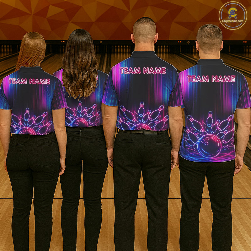 Pink And Blue Neon Lightning Bowling Polo & 1/4-Zip Shirt For Women Custom Team Bowling Jersey NYN3240