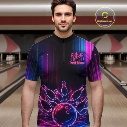 Pink And Blue Neon Lightning Bowling Polo & 1/4-Zip Shirt For Men Custom Team Bowling Jersey NYN3240