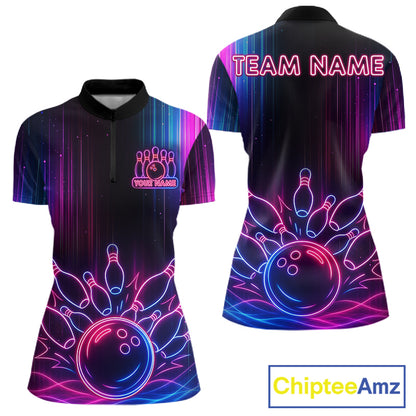 Pink And Blue Neon Lightning Bowling Polo & 1/4-Zip Shirt For Women Custom Team Bowling Jersey NYN3240