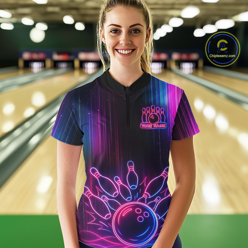 Pink And Blue Neon Lightning Bowling Polo & 1/4-Zip Shirt For Women Custom Team Bowling Jersey NYN3240