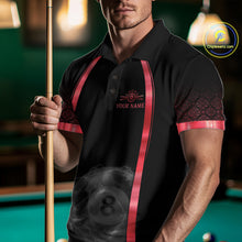 Load image into Gallery viewer, Male billiards player wearing Black Red Thunder Lightning 8 ball pool jersey during competitive tournament play