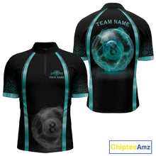 Load image into Gallery viewer, Black Teal Thunder Lightning men's quarter zip billiard shirt custom cue sports uniform, pool league jersey