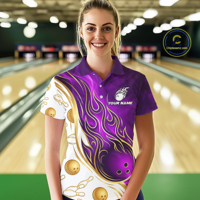 Female bowler posing in Gold & Purple Flames bowling jersey representing ambition, confidence, luxury, success, victory, competitive mindset, personalized bowling apparel.