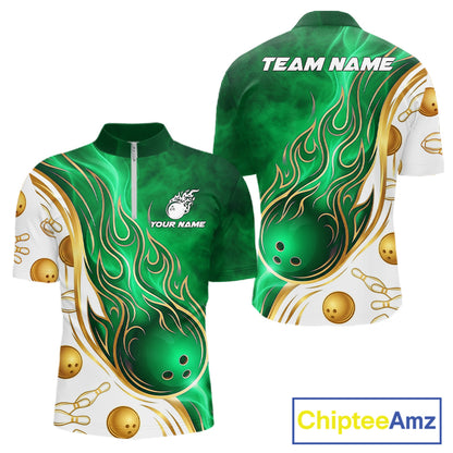 Gold & Green Flames Quarter-Zip Bowling Jersey featuring custom player name, breathable quick-dry sportswear, flame graphics, bowling championship apparel.