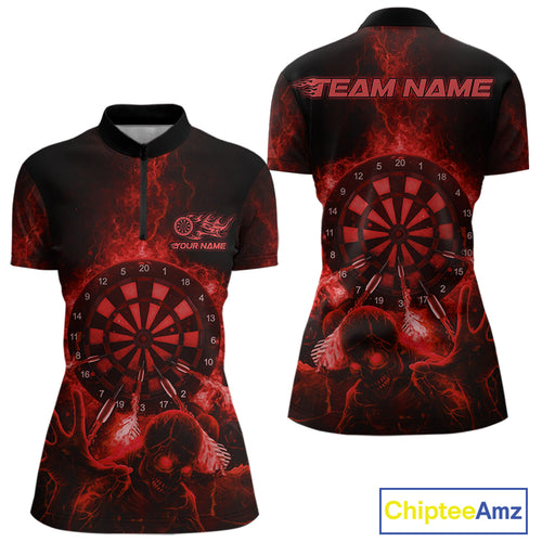 Custom Skeleton Red Flames Dartboard Dart Women  /4-Zip Jerseys Lightning Dart Team Shirt NYN1695