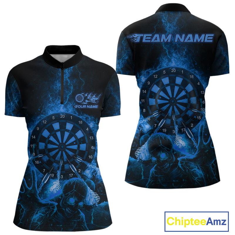 Custom Skeleton Blue Flames Dartboard Dart Women 1/4-Zip Jerseys Lightning Dart Team Shirt NYN1696