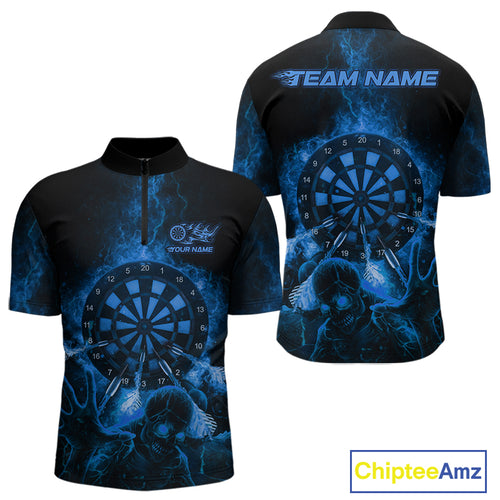 Custom Skeleton Blue Flames Dartboard Dart Men 1/4-Zip Jerseys Lightning Dart Team Shirt NYN1696