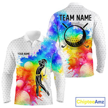 Load image into Gallery viewer, Mens White Pattern Golf Polo Shirt Custom Name Colorful Watercolor Golf Clothes, Golf Gifts NYN2873