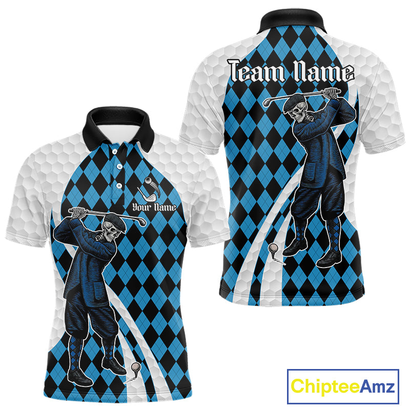 Golfer Skeleton Golf Polo Shirts For Men Custom Blue Argyle Pattern Team Name Golf Clothes NYN3253