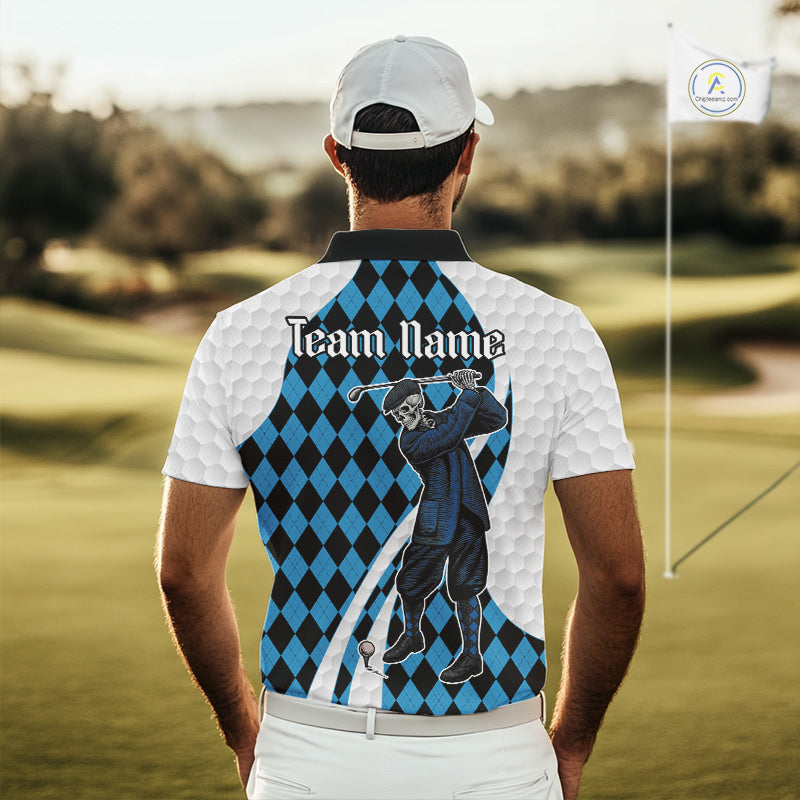 Golfer Skeleton Golf Polo Shirts For Men Custom Blue Argyle Pattern Team Name Golf Clothes NYN3253