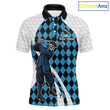 Load image into Gallery viewer, Golfer Skeleton Golf Polo Shirts For Men Custom Blue Argyle Pattern Team Name Golf Clothes NYN3253