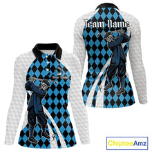 Load image into Gallery viewer, Golfer Skeleton Golf Polo Shirts For Women Custom Blue Argyle Pattern Team Name Golf Clothes NYN3253