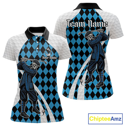 Golfer Skeleton Golf Polo Shirts For Women Custom Blue Argyle Pattern Team Name Golf Clothes NYN3253