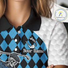 Load image into Gallery viewer, Golfer Skeleton Golf Polo Shirts For Women Custom Blue Argyle Pattern Team Name Golf Clothes NYN3253
