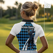 Load image into Gallery viewer, Golfer Skeleton Golf Polo Shirts For Women Custom Blue Argyle Pattern Team Name Golf Clothes NYN3253