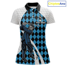 Load image into Gallery viewer, Golfer Skeleton Golf Polo Shirts For Women Custom Blue Argyle Pattern Team Name Golf Clothes NYN3253