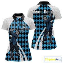 Load image into Gallery viewer, Golfer Skeleton Golf Polo Shirts For Women Custom Blue Argyle Pattern Team Name Golf Clothes NYN3253