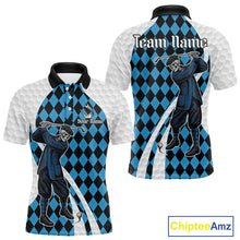 Load image into Gallery viewer, Golfer Skeleton Golf Polo Shirts For Men Custom Blue Argyle Pattern Team Name Golf Clothes NYN3253