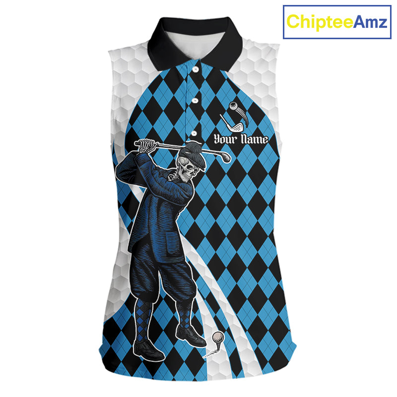 Golfer Skeleton Golf Sleeveless Polo Shirts For Women Custom Blue Argyle Pattern Team Name Golf Clothes NYN3253