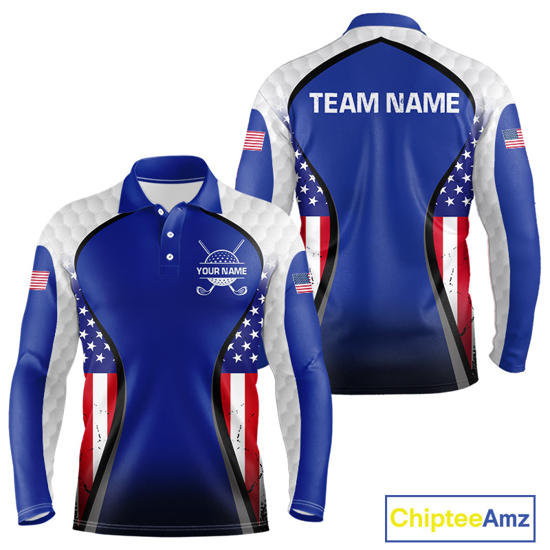 Grunge American Flag Golf Polo Shirts For Men Custom Golf Team Attire For Golfers | Blue NYN3257