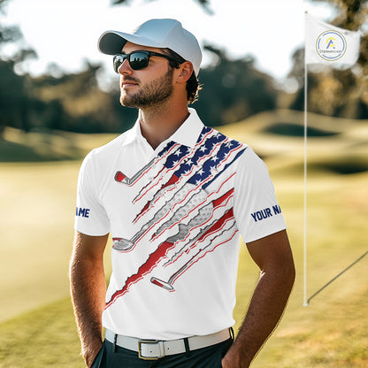 Men's model wearing American Flag Golf Polo Shirt, patriotic golf apparel, USA golf fashion, personalized golf clothing, custom golf tournament outfit, veteran golf shirt.