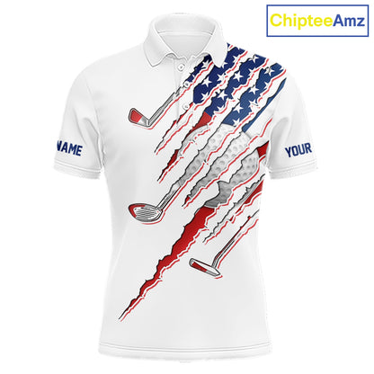 American Flag Men's Golf Polo Shirt mockup with white golf clubs, personalized patriotic golf shirt, custom golf team apparel, USA golf polo, Memorial Day golf clothing, performance golf jersey.