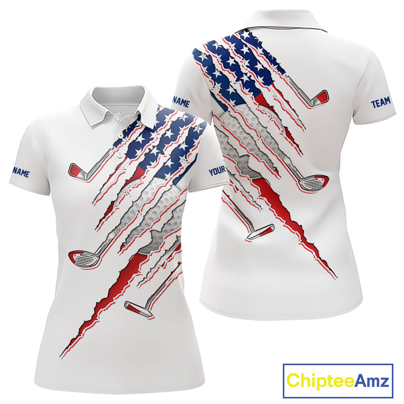 American Flag Women's Golf Polo Shirt mockup featuring white golf clubs design, personalized women's patriotic golf apparel, custom golf team polo, USA golf clothing, Memorial Day golf outfit, Independence Day golf fashion.